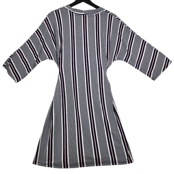 Laura Ashley Wrap Dress Size Medium Blue White Pink Striped 3/4 Sleeve - Picture 2 of 7